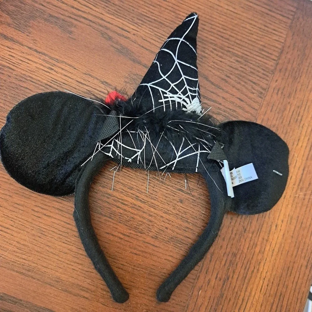 Disney Parks Minnie Mouse Halloween Witch Hat Headband Spiderweb Polka Dot Bow